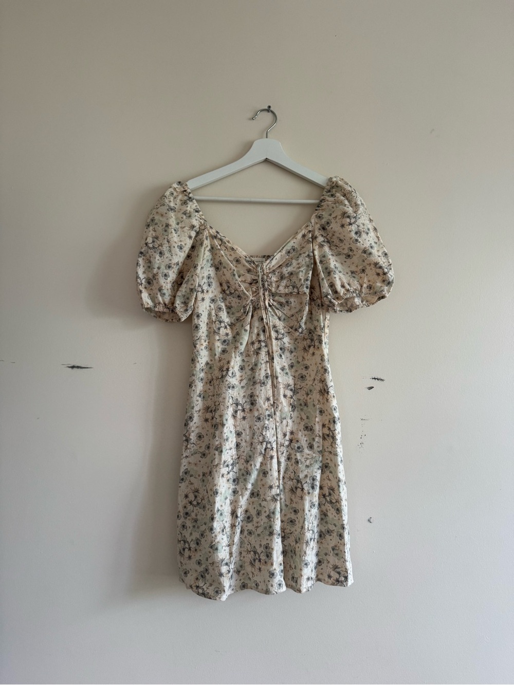 H&M Linen Blend Cream Floral Puff-Sleeve Midi Dress Size M
